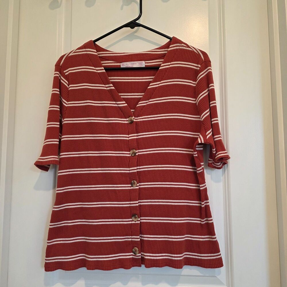 No Boundaries Knit Top XXXL Button Front Ribbed Terracotta Striped Preppy